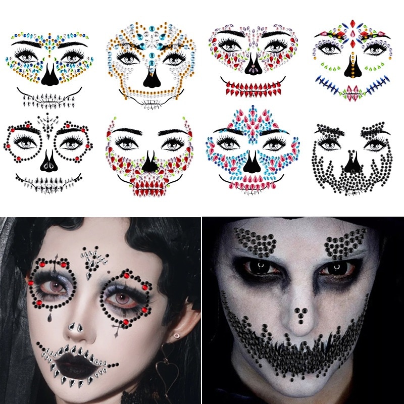 【1点ご購入 で10点プレゼントいたします】ハロウィンの顔のラインストーン貼り恐怖のドクロキラキラダイヤモンドシール自己粘着顔貼り顔のパール貼り