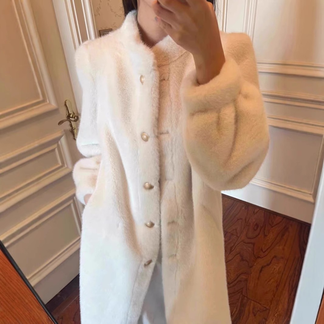 2025冬新作ファーオールインワンコートレディースミディアムロングミンクファーフェイクファースタンドカラーコート