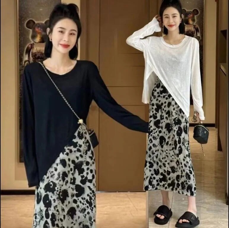 スーツ女性の新ファッション変則日焼け止め長袖Tシャツヒョウ柄半身スカート2点セット