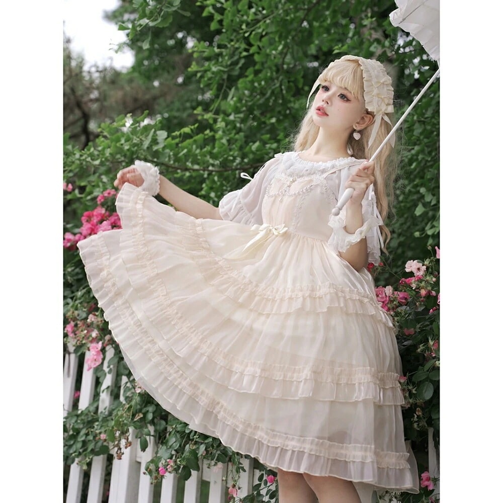 ロリータドレス オリジナルデザイン JSK エレガント スカート ロリータファッション ワンピース レディース フェミニン ゴシック クラシカル フリル レース パーティードレス 春 夏