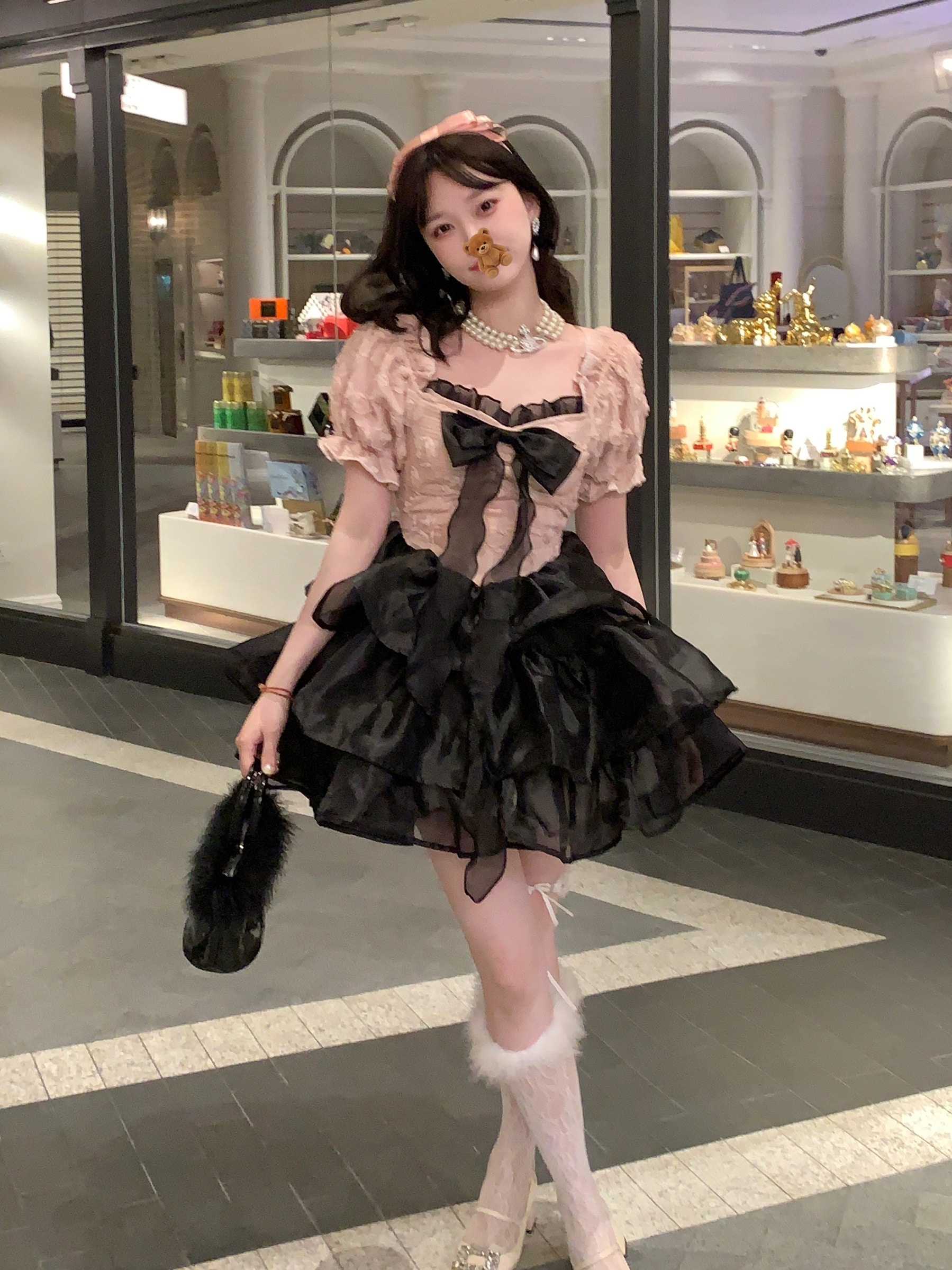 コスプレドレスワンピース森ガールは海に行きたいブラックベリー恋人スイートウエストブラックピンクパフスリーブプリンセスドレス