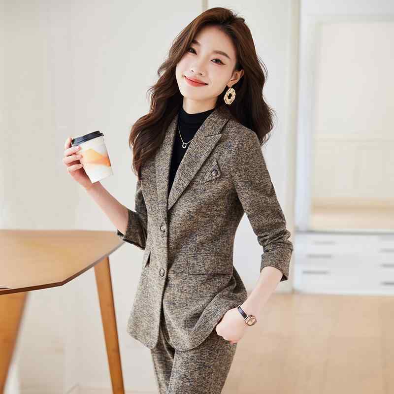 レディース パンツスーツ ビジネス セットアップ ツイード ウール 厚手 フォーマル ジャケット 黒 薄茶 ワインレッド シングルブレスト オフィス 上品 スタイリッシュ 高級感 あたたかい エレガン