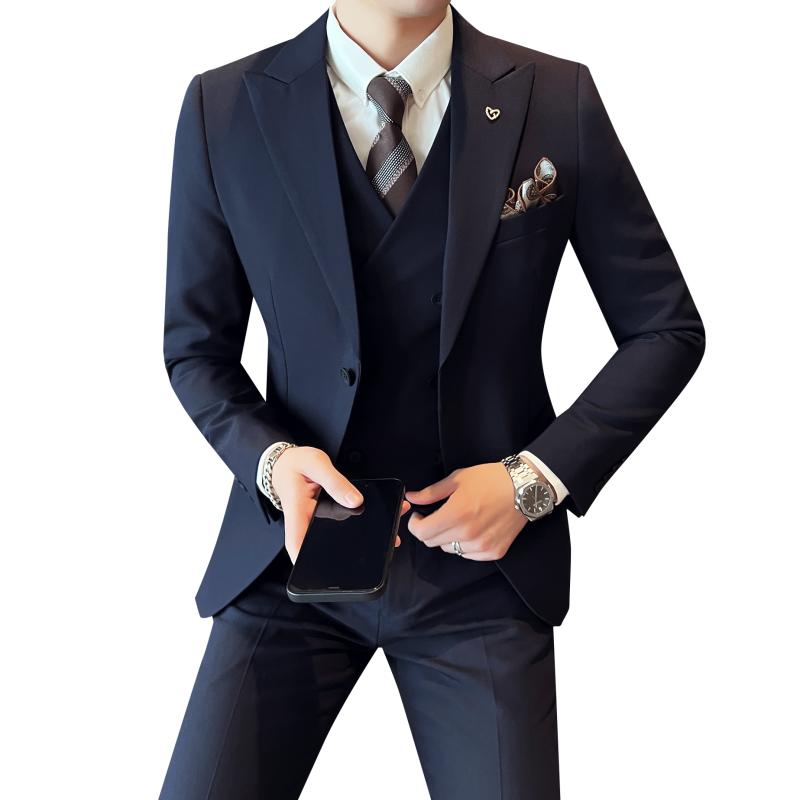 メンズ スーツ セット 英国 ビジネス カジュアル ダブルブレスト ベスト ジャケット パンツ 3点セット 男性 ウェディング 秋 無地 スリム