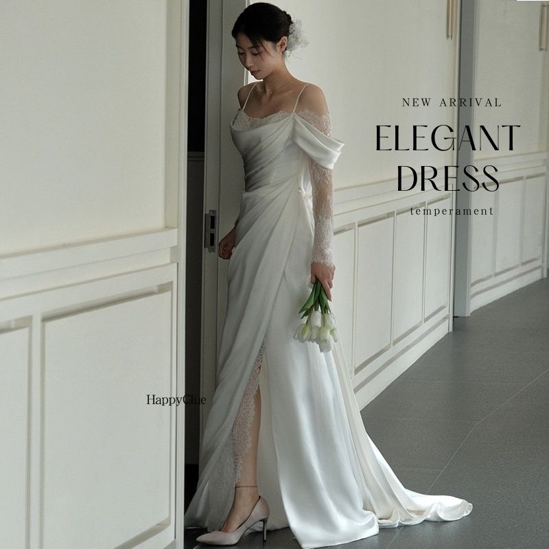 ウェディングドレス 花嫁 エンパイア オフショルダー 二次会ウエディングドレス レディース パーティードレス きれいめ 前撮り ドレス 白 ワンピース レース セクシー ブライダル ロングドレス 白ド