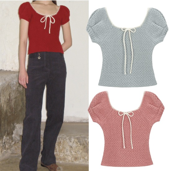 PUFF HALF KNIT TOP 無地 半袖 Uネック (4 COLORS)