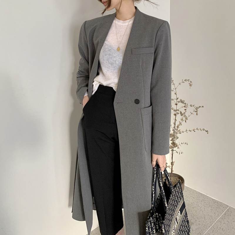 アウター レディース ブレザー ジャケット コート ロング丈 袖あり 長袖 ノーカラー 襟なし Iライン ポケット ボタン きれいめ シンプル 大人 おしゃれ かっこいい 大人女子 こなれ感 マニッシ