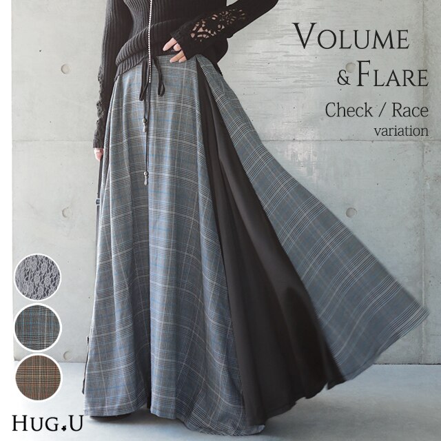 スカート ロングスカート フレアスカート レース チェック柄 配色