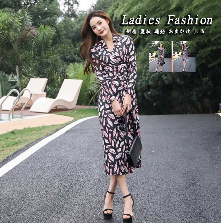 レディースワンピース 新着 上品 Ｖネック 長袖ワンピース エレガント ストレッチ 着痩せ スリットワンピース 春 夏 秋 膝丈ワンピース ミモレ丈ワンピース 花柄 おしゃれ 通勤 20代 30代 4