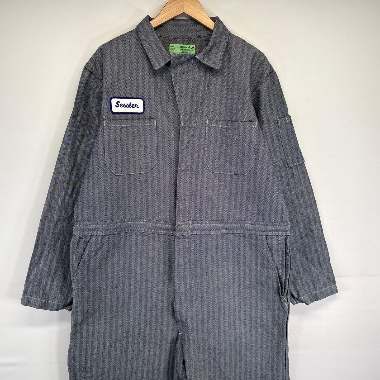 古着 アラマーク aramark 長袖つなぎ ヘリンボーン オールインワン ワーク 作業着 ボタンフライ ワッペン 大きいサイズ 46R ネイビー系 メンズ