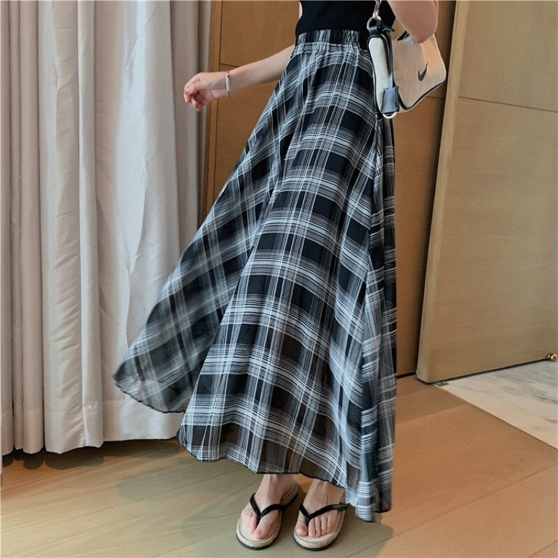 ロングスカート チェック柄 シフォン ロング丈 マキシ丈 フレア Aライン ウエストゴム ポリエステル かわいい カジュアル 大人 おしゃれ 大人可愛い ラフ 春 夏 レディース デート お出かけ 5,042円