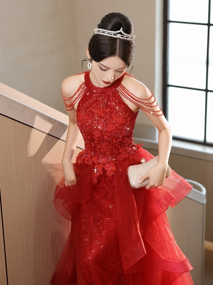 レッドタッセル花嫁 2024 ライトウェディングドレスアウトレット結婚式と婚約ハイエンドイブニングドレススカートレディース