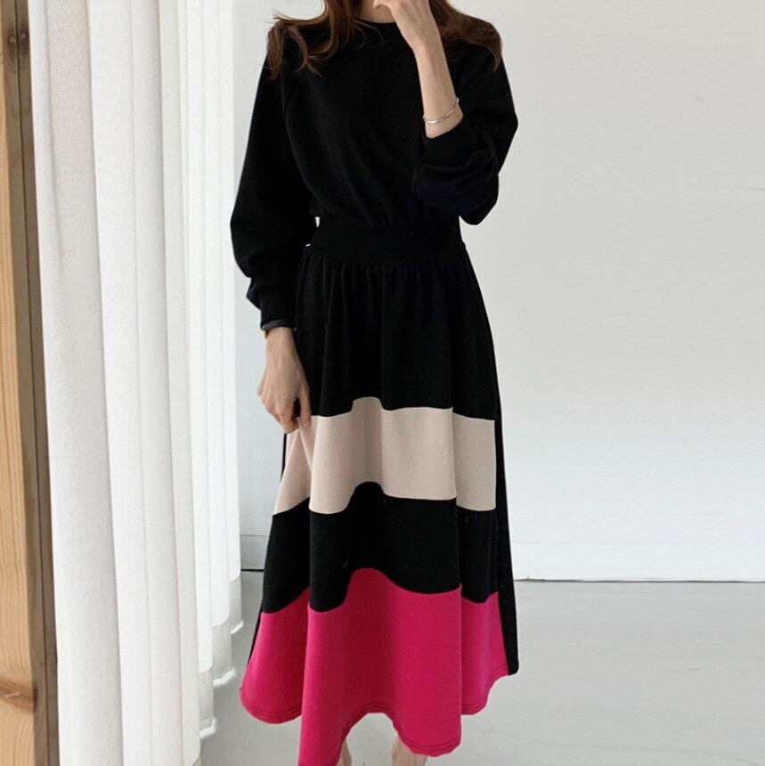 2色 ワンピース 長袖 春 秋 きれいめ Aライン ワンピドレス フレアスカート ミモレ ミモレ丈 クルーネック 襟なし フレア 切り替えデザイン 裾ワイド ハイウエスト 白 ホワイト 黒 ブラック