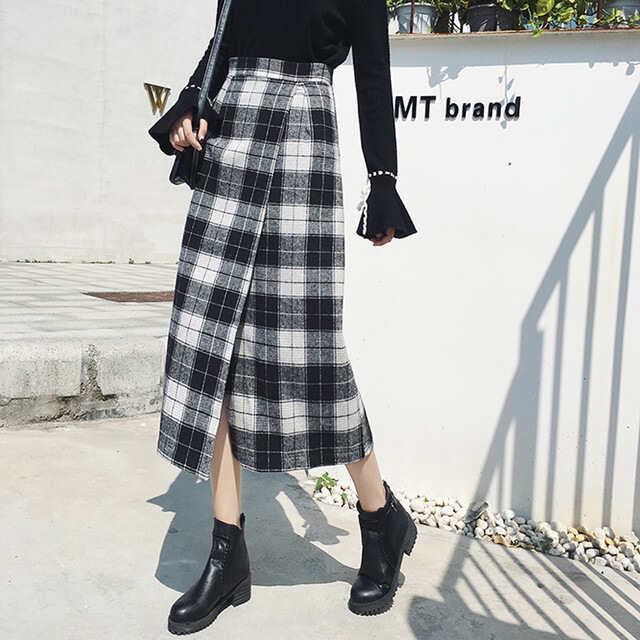 【送料無料】レディース チェック柄 Aラインスカート格子縞 ハイウエスト スプリット