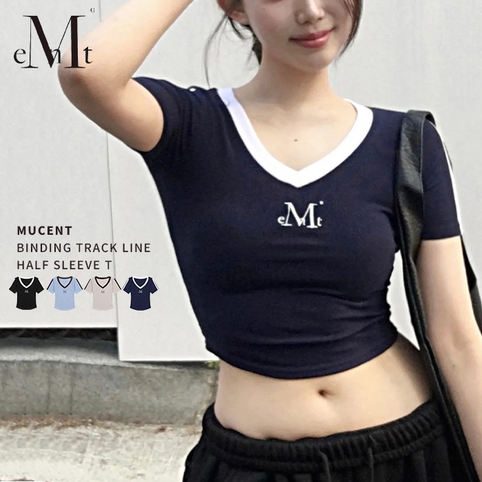 Vネック ライン クロップド ハーフ スリーブ Tシャツ/BINDING TRACK LINE HALF SLEEVE T【送料無料】