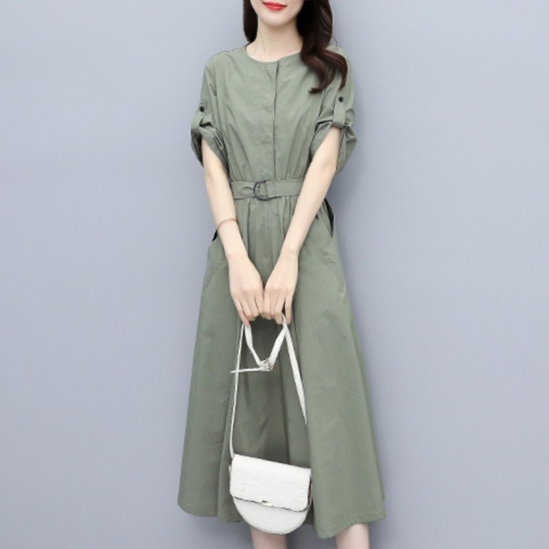 ワンピース フレアワンピース 膝下 ミモレ 袖あり 半袖 ラウンドネック 襟なし フレア 細身 Aライン ベルト ウエストマーク ポケット かわいい 大人可愛い きれいめ シンプル 大人 上品