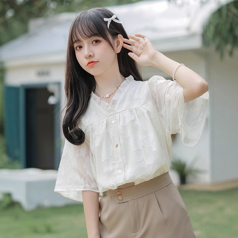 レディース 2025 夏 可愛い Vネック 半袖 シフォンシャツ フリルデザイン