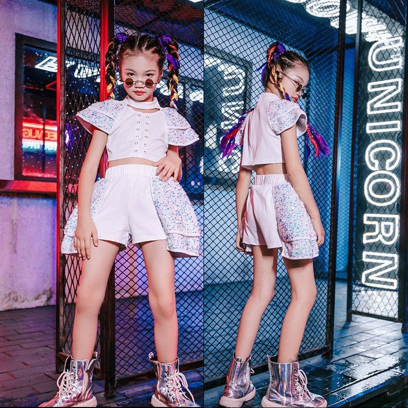 キッズダンス衣装 ヒップホップ スパンコール ホワイト 韓国風 子供用 ショートパンツ ホワイトトッ