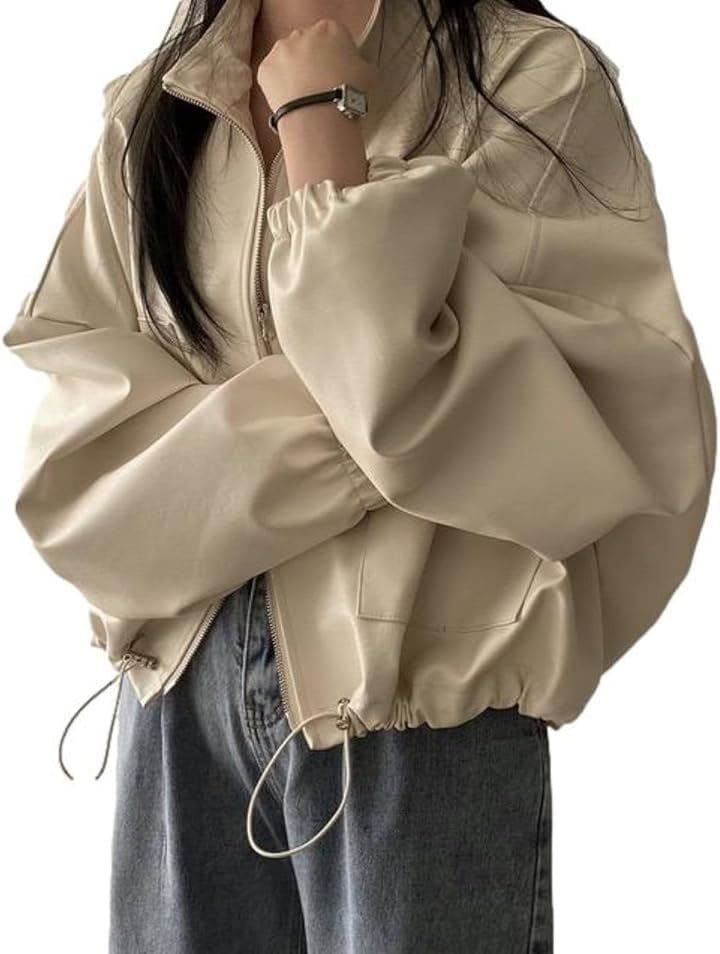 ジェイスコット ルーズフィットブルゾン フェイクレザージャケット ボリューム袖 ジップアップ 裏地有(ホワイト, M)