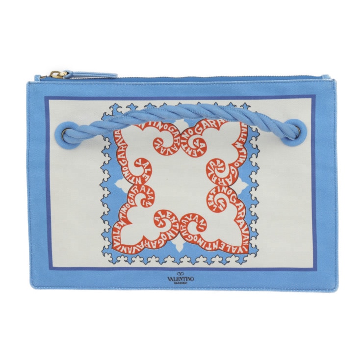 超美品 Valentino Garavani ヴァレンティノ ガラヴァーニ セカンドバッグ UW2P0U84 ホノルル ポーチ キャンバス ライトブルー アイボリー オレンジ 【本物保証】