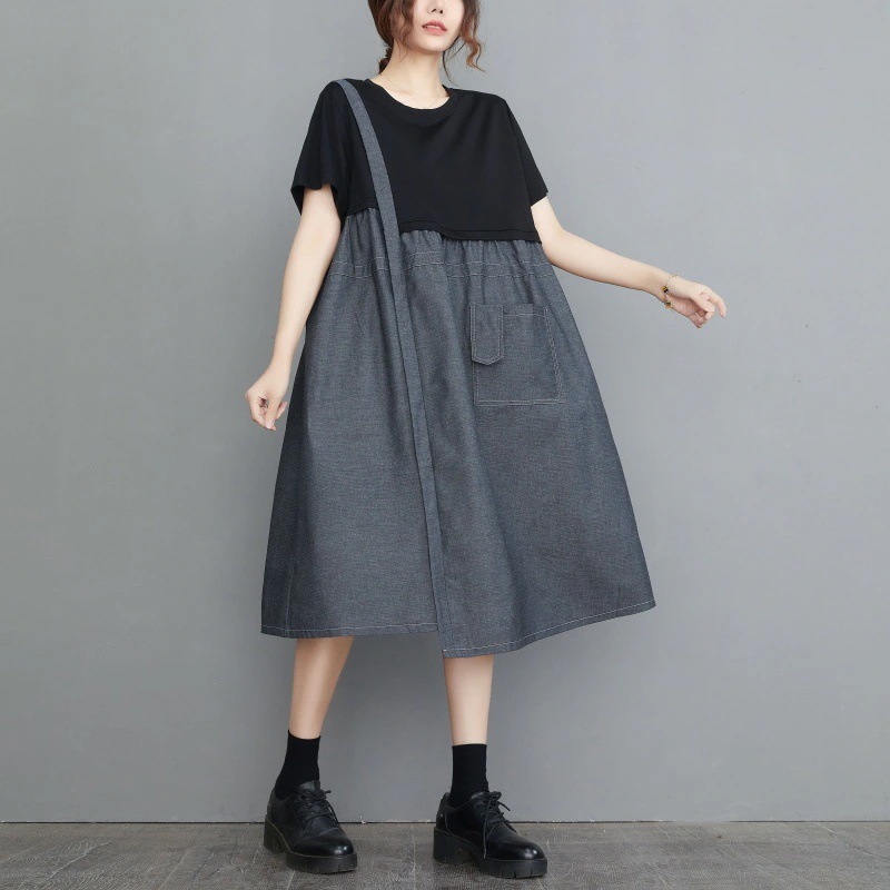 夏の新型の大きいサイズ復古切り替え痩せデニム半袖Tシャツワンピースロングワンピースマタニティウェア