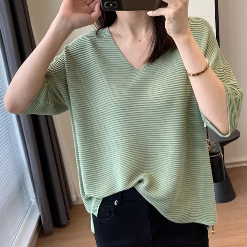 レディース トップス プルオーバー サマーセーター サマーニット 半袖 Vネック 襟なし ママ 伸縮性 薄手 かわいい 大人可愛い きれいめ シンプル カジュアル 上品 おしゃれ かっこいい レトロ