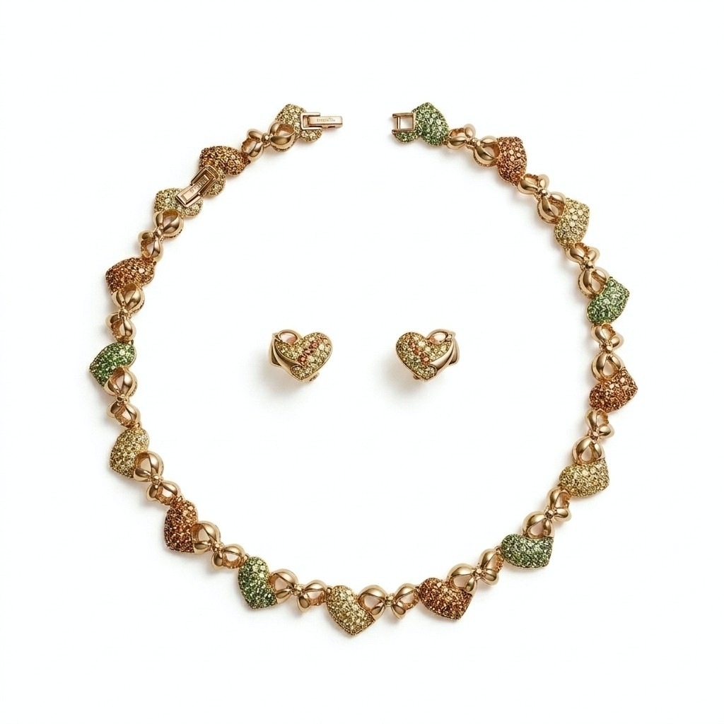 ハート リボン モチーフ クリスタル ネックレス イヤリング 2点セット レア GP レディース アクセサリー 希少 美品　aua14545080402