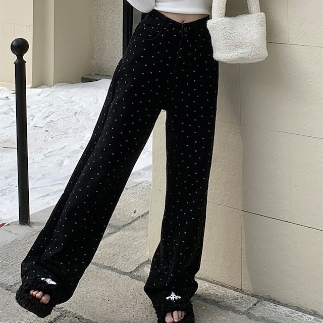 2024春夏パンツ ワイド ストレート 花柄 ハイウエスト 脚長効果 美脚効果 細見え 春 ブラック 黒 甘辛 かわいい おしゃれ カジュアル 韓国ファッション レディース お出かけ