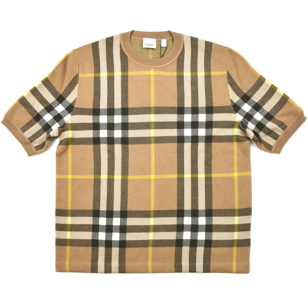 バーバリー ニット メンズ ショートスリーブ 半袖 セーター タータンチェック シルク ウール ベージュ ブラウン BURBERRY[8054917b2412]