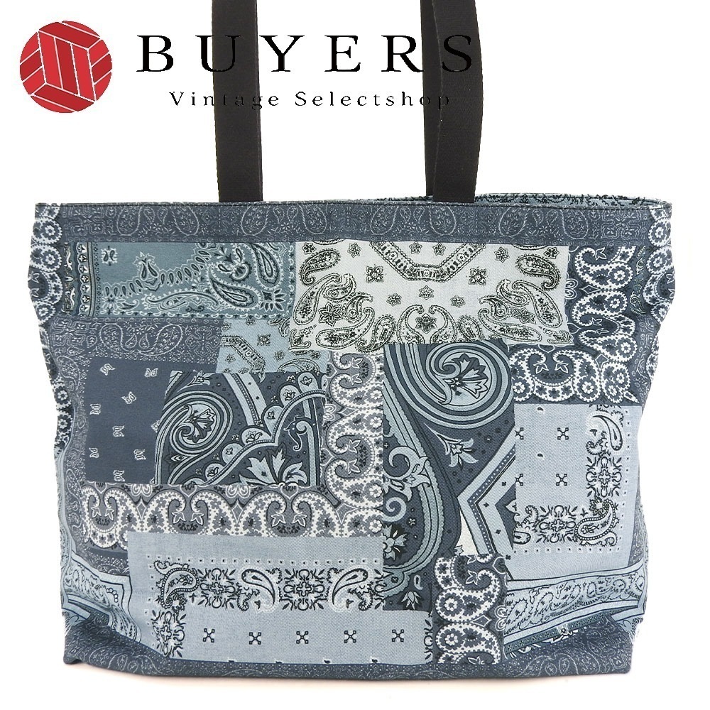 中古 トートバッグ コットン ブルー シルバー金具 ペイズリー柄 肩掛け レディース 女性