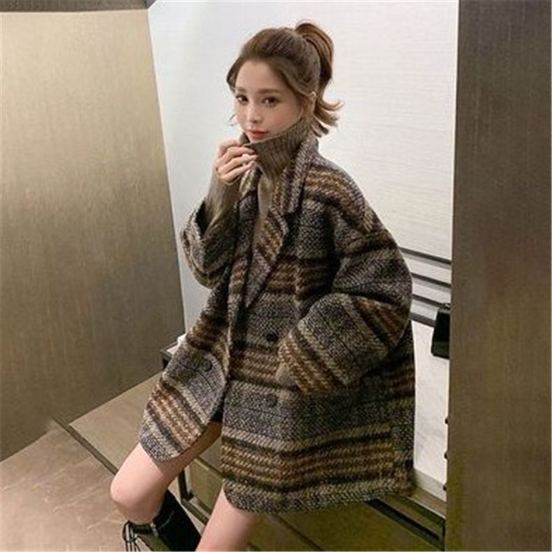 スーツジャケットレディーステーラードジャケット秋冬チェック柄ツイードブレザーミディアム丈厚オーバーゆったりアウターオシャレ大人着痩せ