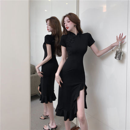 チャイナドレス風 スリット ドレス フリルスカート ミモレ丈スカート レディース ワンピース ニット ドレス ミモレ 半袖 タイト Aライン 大人可愛い おしゃれ こなれ感 メンズライク 個性的