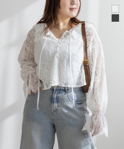 大きいサイズ レディース LL 3L 4L XL XXL XXXL CLETTEオリジナルリボンタイスカラップレースブラウス