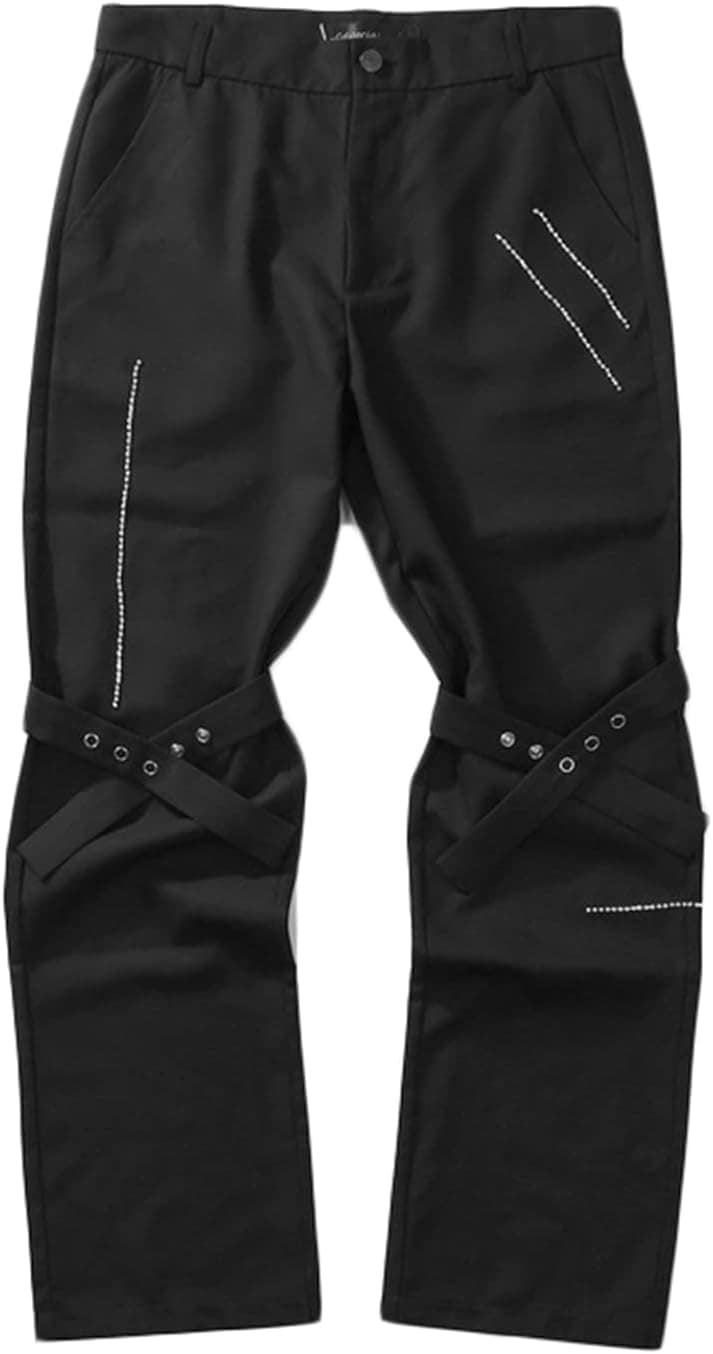 メンズ ロングパンツ フレアパンツ ホットフィットビジュー加工 ベルト カジュアルパンツ パンク系 ストリート系 男女兼用 オシャレ ヒップホップ V系 マイナー デザイン性 長ズボン 無地