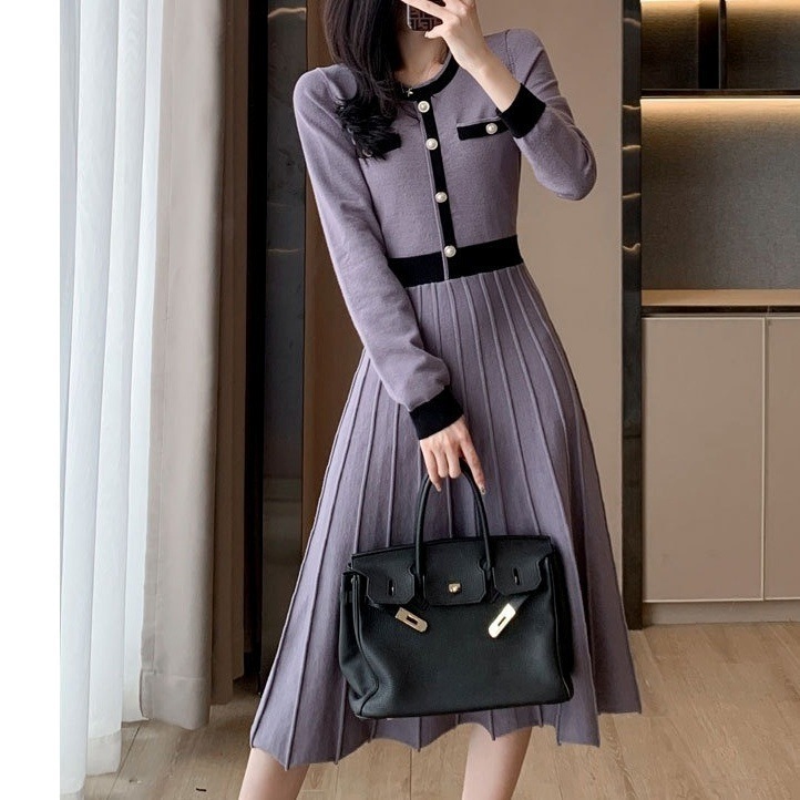 プリーツワンピース ミモレ丈 ワンピース ウエストマーク バイカラー 配色ニット 長袖 韓国 レディース オルチャン 可愛い かわいい きちんと 大人可愛い ニット Aライン セレブ