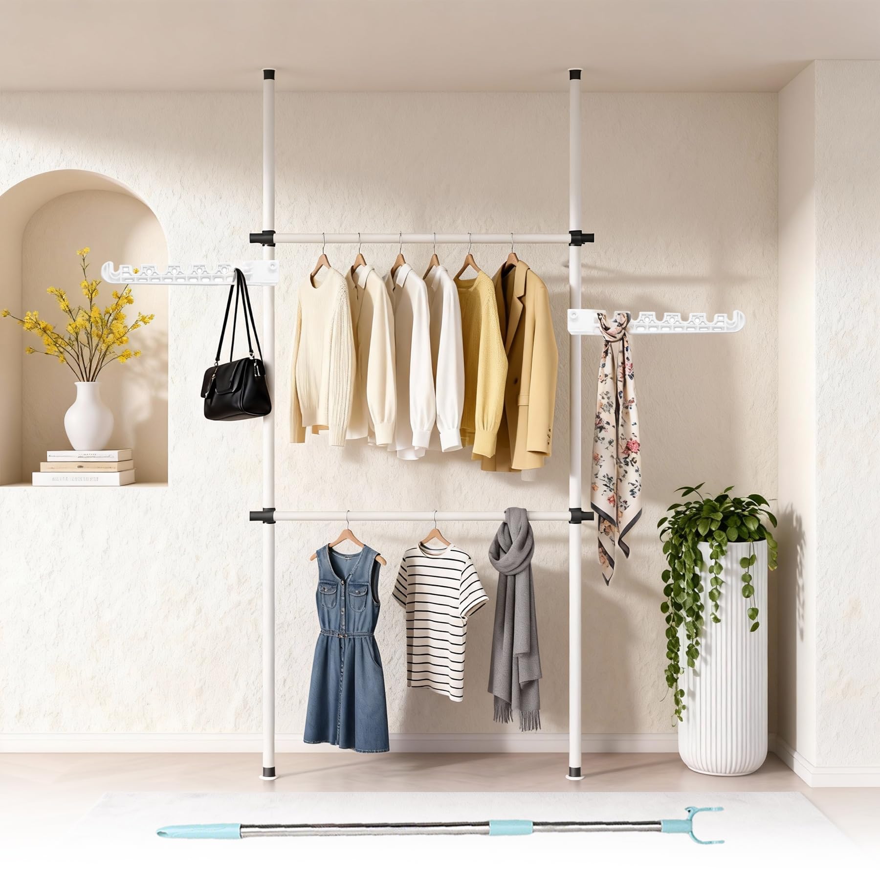 WAIZY 突っ張りハンガーラック 天井突っ張り式 2段 収納 設置カンタン 耐荷重100kg 衣類収納 物干しハンガー たっぷり収納 省スペース 高さ調整可能110-310CM (縦2つ横2つ