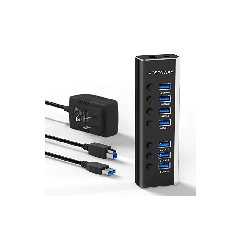 USBハブ 3.0 ROSONWAY アルミ製 7ポート USB3.0 Hub 24W電源付き バスパワーとセルフパワー両用 独立スイッチ 5Gbps高速転送12V/2A ACアダプター(RSH-A 5,491円