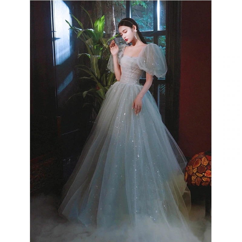 イブニングドレス2025夏グリッターパフスリーブ宴会パフォーマンステスト痩身コーラスホストウェディングドレスワンピースドレスその他 ワンピースドレス