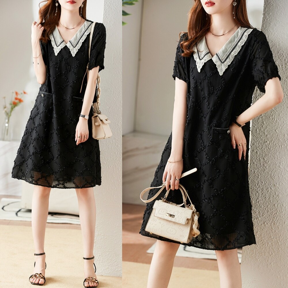 レディース ワンピース ドレス Aライン 袖あり 半袖 Vネック ポロ襟 体型カバー 無地 シンプル 大きいサイズ L XL 2XL 3XL 4XL ミディアム ミディ ひざ丈 10代