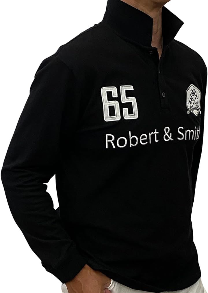 ポロシャツ メンズ 長袖 ゴルフウエア 100%コットン 刺繍仕上げ ゴルフポロ( 黒（ブラック）, M)