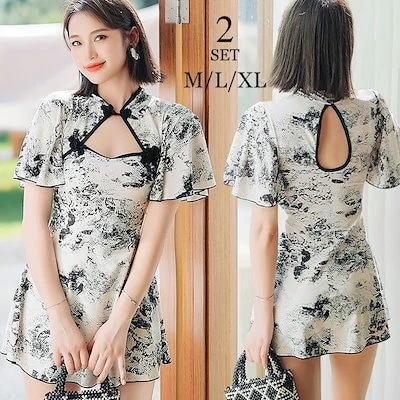 30代 体型カバー 2点セット ショートパンツ チャイナ風 花柄 ワンピース ワンピース水着 20