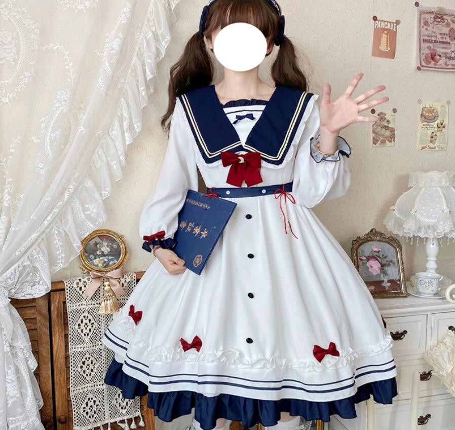 【TikTok人気新品】長袖 ロリータワンピース マリン ロリータ服 可愛い コスプレ衣装 女性 膝丈 ロリータドレス 可愛いリボン 学園祭 文化祭 イベント 撮影衣装 レディース コスチューム セー