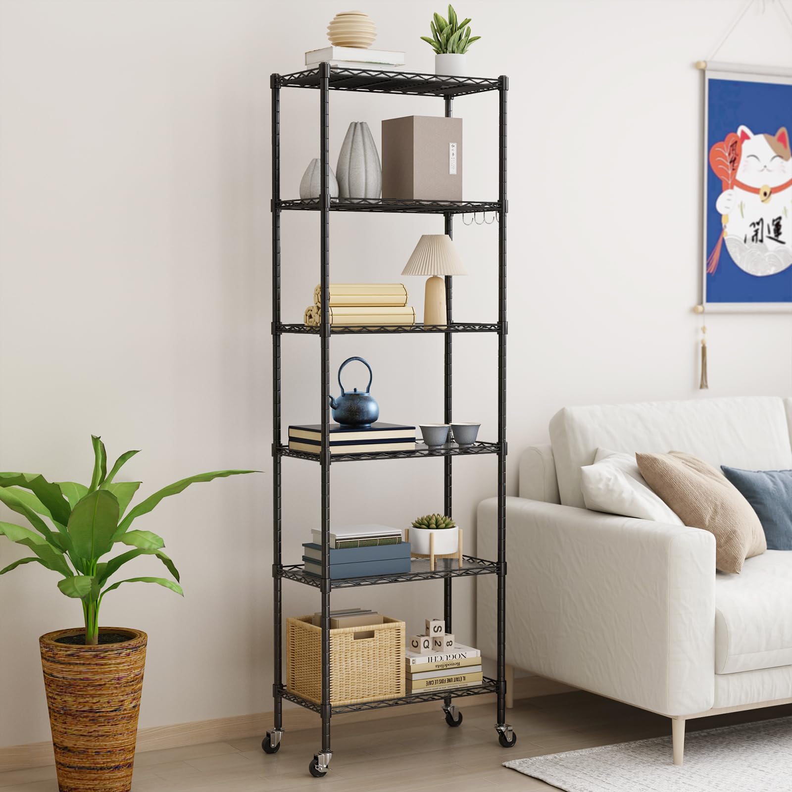 NATRKE メタルラック 6段 ブラック キャスター付き スチールラック スチールシェルフ ワイヤーラック 置物架 大容量 防錆 傷つきにくい おしゃれ 省スペース棚 耐荷重240kg