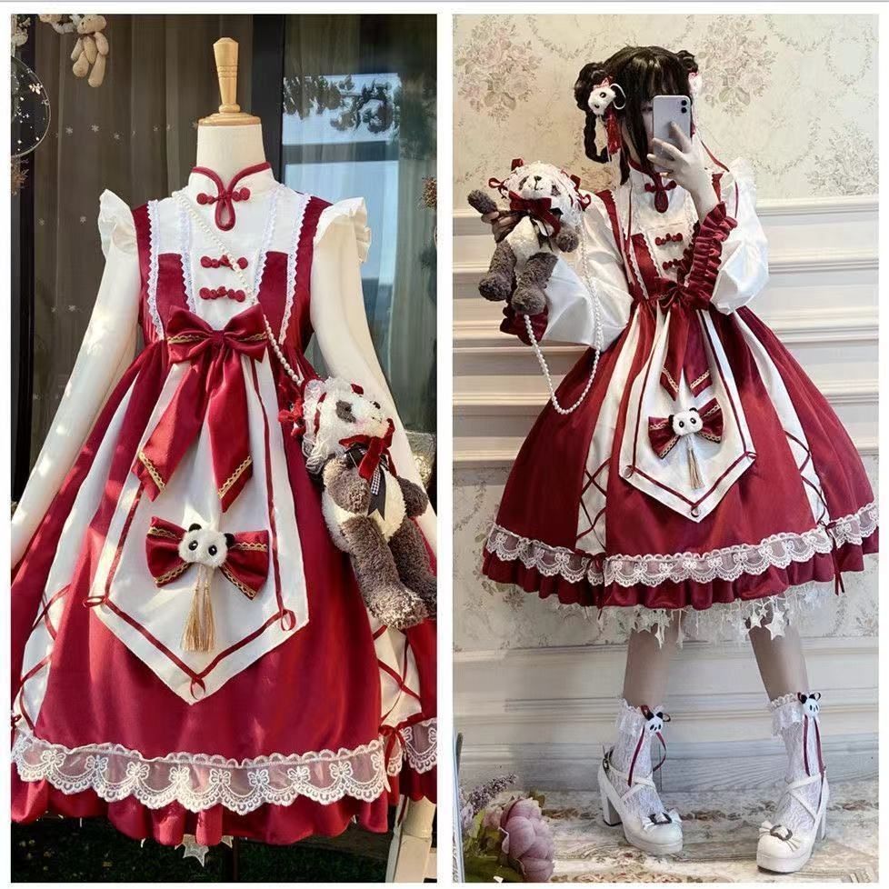 ロリータスカート学生パンダリトルシェフオプ長袖ドレス中華風パンダ長袖スカート国民風ロリィタ