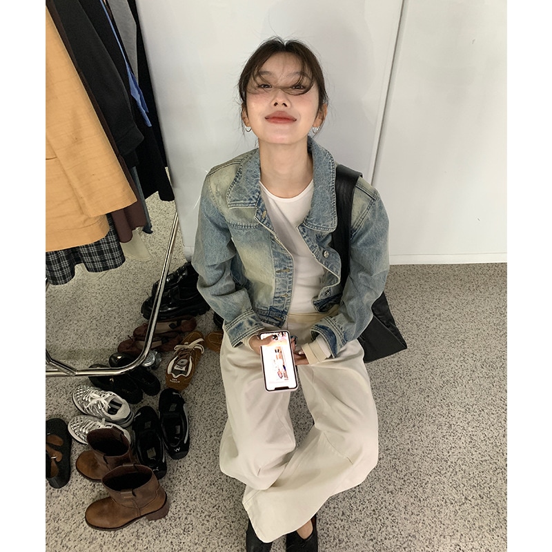 韓国スタイルのレトロなデニムジャケット女性用2024秋小柄な人向けのゆったりと多用途の長袖アウタージャケット