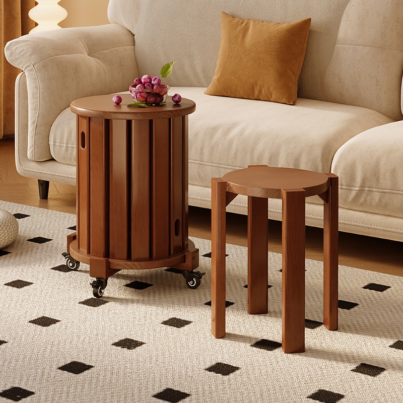 实木叠叠乐凳子家用餐桌凳可叠放客厅茶几备用凳组合滑轮移动圆凳