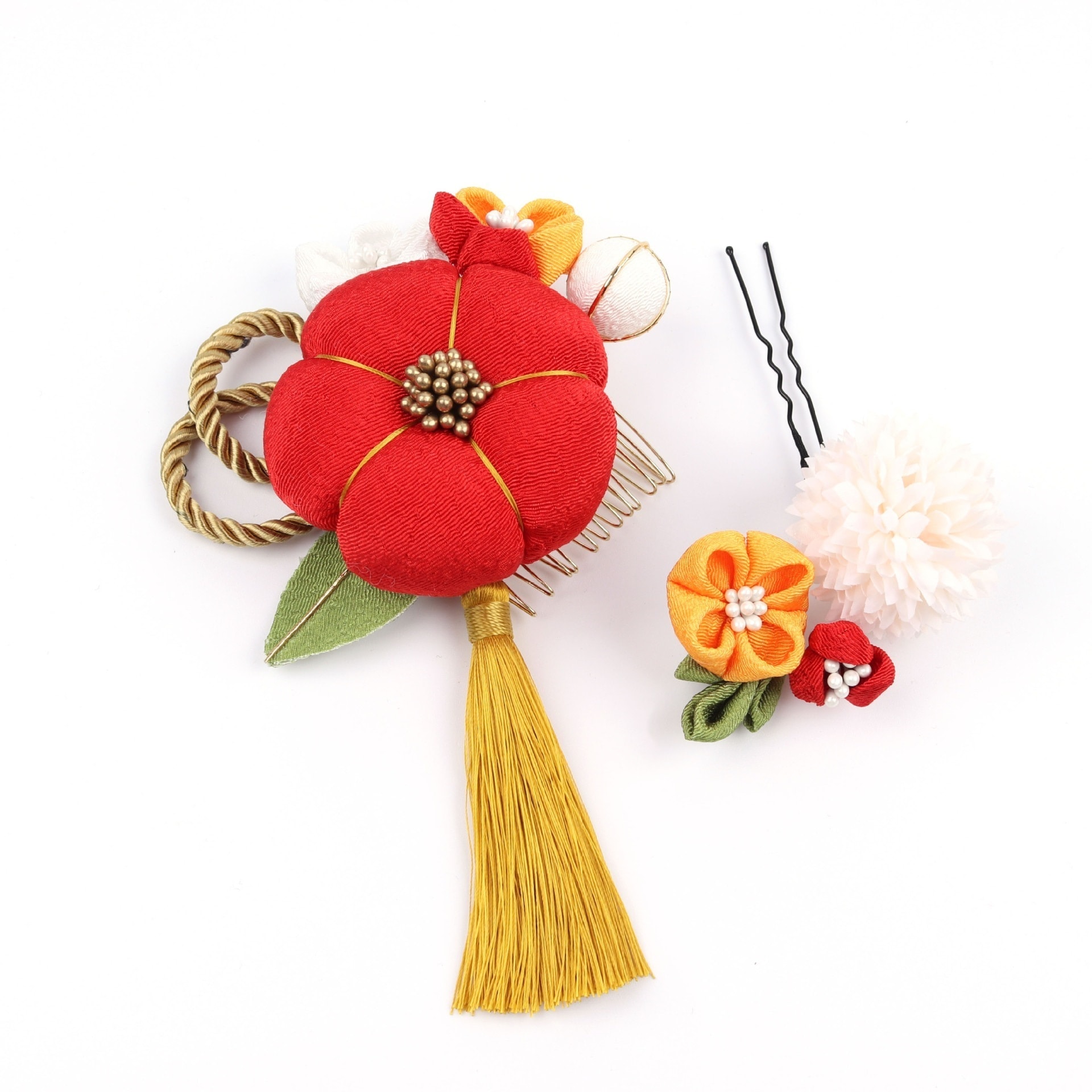 お盆着物 ヘアアクセサリー 紅白椿 手作り 紅椿 ゆかた お祭り ヘアコームセット 和風 象布 旅頭花