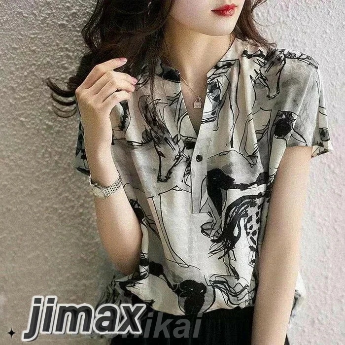 ブラウス レディース 40代 春夏新作 オシャレブラウス シフォンブラウス プリント Vネックブラウス 上品 半袖トップス 韓国風 大人 通勤 ゆったりシャツ 30代