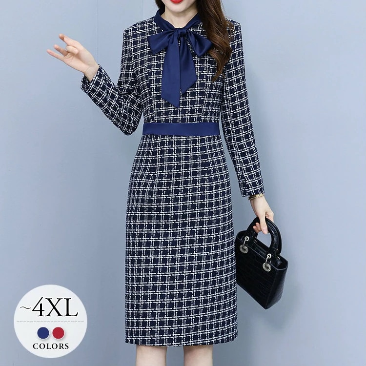 ワンピーススーツ ワンピース レディース ママスーツ 卒園式 卒業式 入園式 入学式 大きいサイズ お呼ばれ 披露宴 結婚式 パーティー 同窓会 30代 40代 50代 ブルー レッド チェック柄