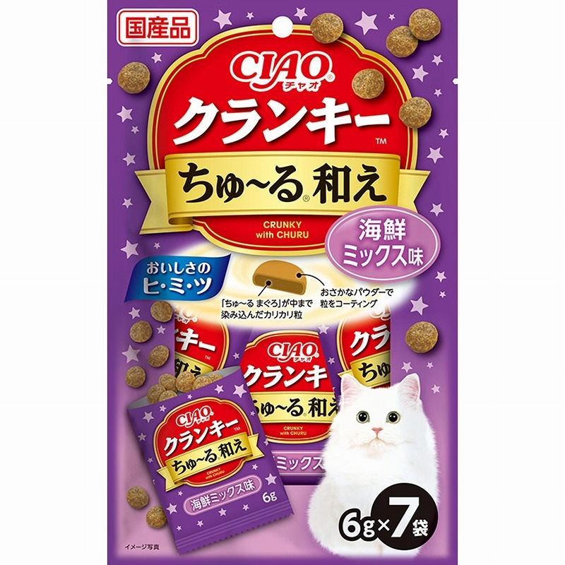 （まとめ買い）CIAO チャオ クランキーちゅ～る和え 海鮮ミックス味 6gx7袋 猫用おやつ [x20]