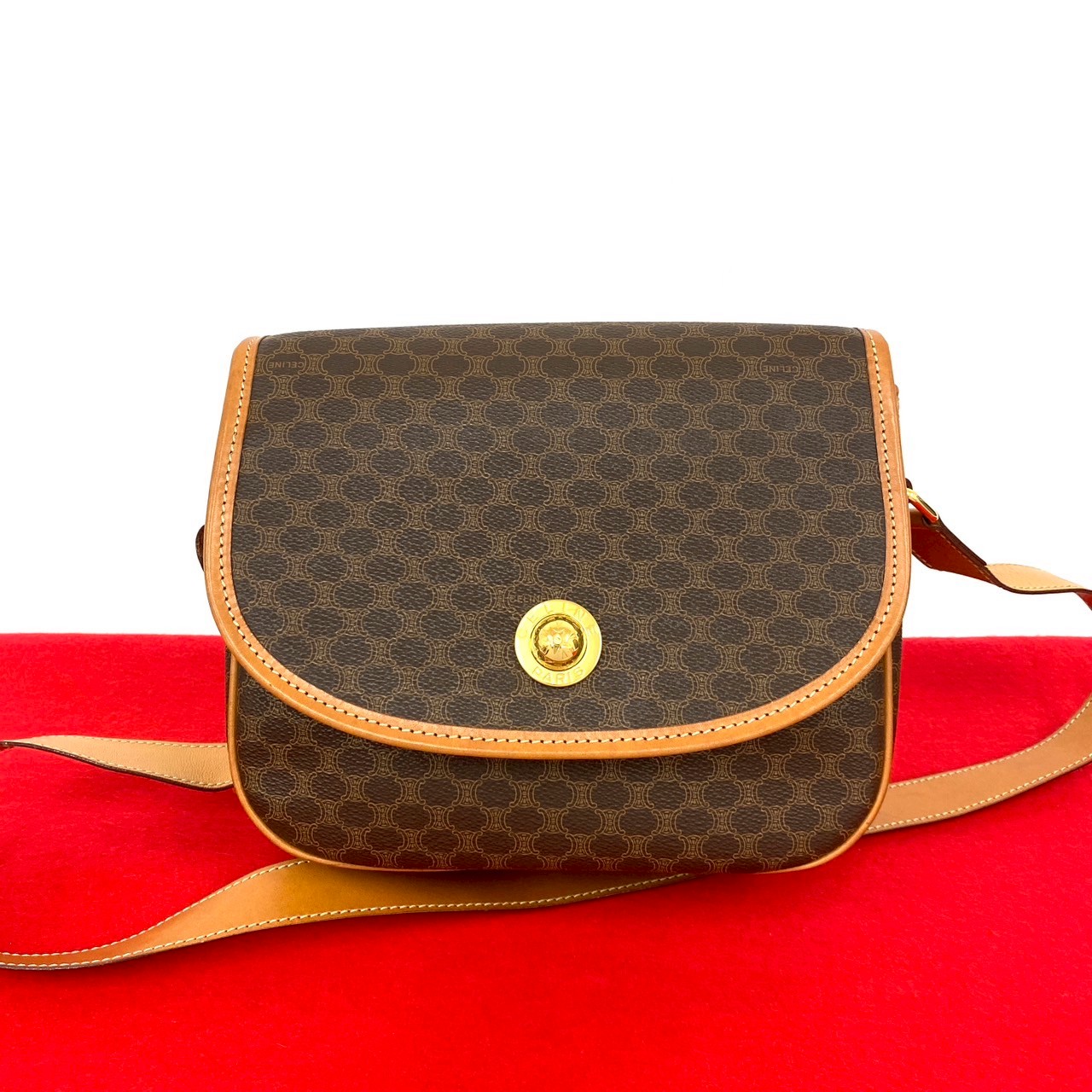 ヴィンテージ マカダム ブラゾン トリオンフ 柄 スターボール ロゴ 金具ショルダーバッグ レザー PVC ブラウン 92941